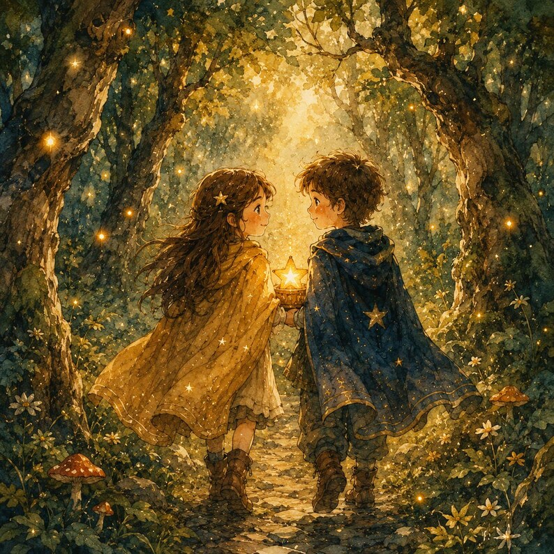 May include: Two children walking through a forest, one wearing a yellow cape and the other a blue cape with star patterns. They hold a glowing star-shaped lantern between them, surrounded by trees, small white flowers, and mushrooms.