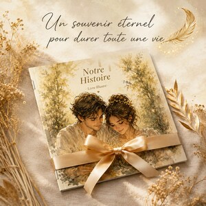 May include: A hardback book titled "Notre Histoire - Livre Illustr&eacute;" with a watercolor illustration of a couple. The book is tied with a gold ribbon. The text "Un souvenir &eacute;ternel pour durer toute une vie" is written at the top.