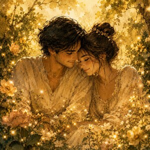 May include: A digital illustration of a couple embracing in a sunlit garden. The man and woman are dressed in cream-colored clothing, surrounded by flowers and glowing lights. The artwork has a soft, romantic feel.