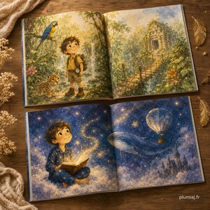 May include: Two open storybooks featuring watercolor illustrations. The top book shows a child with a backpack, a leopard cub, and a parrot in a jungle with a stone temple. The bottom book depicts a child reading a glowing book under a starry sky with a whale and a hot air balloon.
