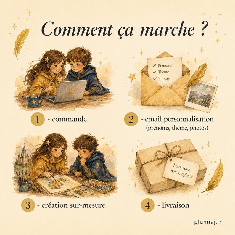 May include: An infographic titled Comment &ccedil;a marche? featuring four steps: 1. commande with two children using a laptop, 2. email personnalisation with an envelope and photo, 3. cr&eacute;ation sur-mesure with children painting, and 4. livraison with a gift box.