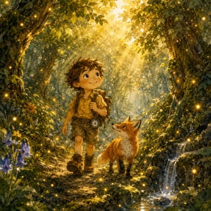 May include: A digital illustration of a child with curly brown hair wearing a tan shirt, shorts, and a backpack, walking through a sunlit forest with a small orange fox. The scene features glowing golden fireflies, lush green trees, and a stream.