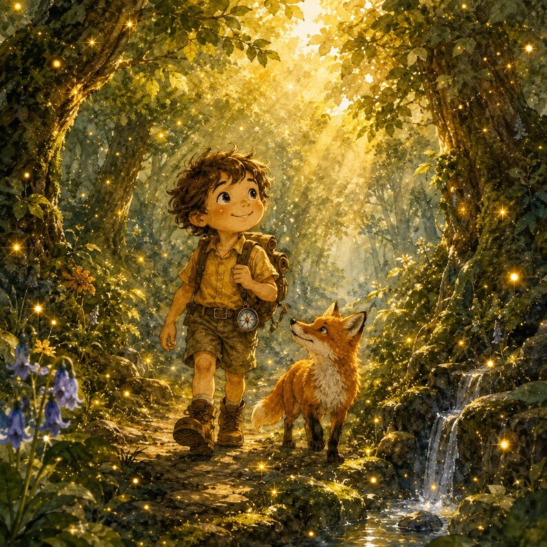 May include: A digital illustration of a child with curly brown hair wearing a tan shirt, shorts, and a backpack, walking through a sunlit forest with a small orange fox. The scene features glowing golden fireflies, lush green trees, and a stream.