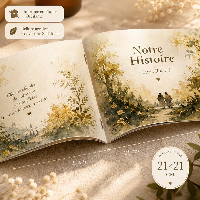 May include: An open book with the title "Notre Histoire" and the subtitle "Livre Illustr&eacute;." The book is 21 cm x 21 cm and features watercolor illustrations of a couple walking on a path. The text "Chaque chapitre de notre vie m&eacute;rite d'&ecirc;tre racont&eacute; avec le c&oelig;ur" is also visible.