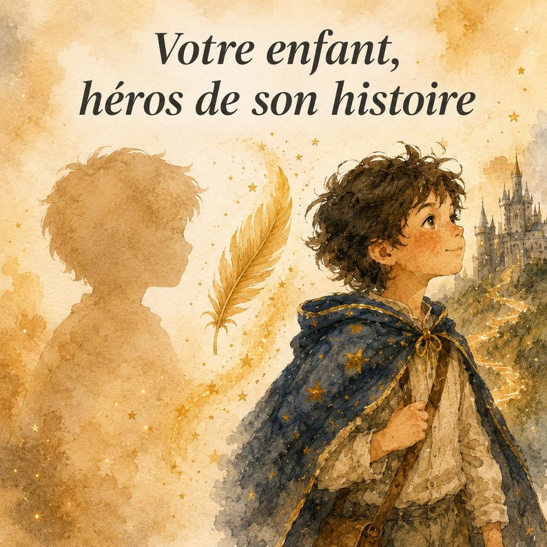 May include: A watercolor illustration featuring a child with dark curly hair wearing a blue star-patterned cloak. The text reads "Votre enfant, h&eacute;ros de son histoire". A golden feather, a silhouette of the child, and a distant castle are visible.