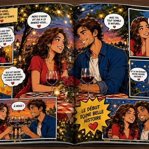 Peut inclure: Illustration de bande dessin&eacute;e d'un rendez-vous romantique. Un couple est assis &agrave; une table avec des verres &agrave; vin, des roses et une nappe &agrave; carreaux. Des bulles contiennent du texte en fran&ccedil;ais. Les mots "LE D&Eacute;BUT D'UNE BELLE HISTOIRE" sont dans une &eacute;toile jaune.