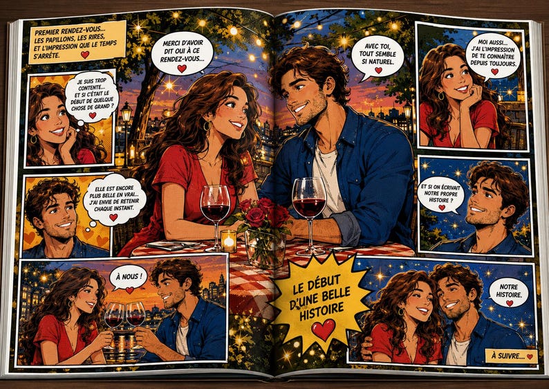 Peut inclure: Illustration de bande dessin&eacute;e d'un rendez-vous romantique. Un couple est assis &agrave; une table avec des verres &agrave; vin, des roses et une nappe &agrave; carreaux. Des bulles contiennent du texte en fran&ccedil;ais. Les mots "LE D&Eacute;BUT D'UNE BELLE HISTOIRE" sont dans une &eacute;toile jaune.