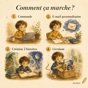 May include: A four-panel instructional illustration titled Comment &ccedil;a marche? showing a child in steps: 1. Commande using a laptop, 2. E-mail personnalisation writing a letter, 3. Cr&eacute;ation 2 histoires writing in a book, and 4. Livraison opening a box with a book titled Duo d'Histoires.