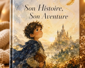 Peut inclure: Un livre à couverture rigide intitulé Son Histoire, Son Aventure avec une illustration aquarelle d'un enfant en cape bleue tenant un livre, regardant un château lointain au coucher du soleil avec une plume dorée flottant dans le ciel.