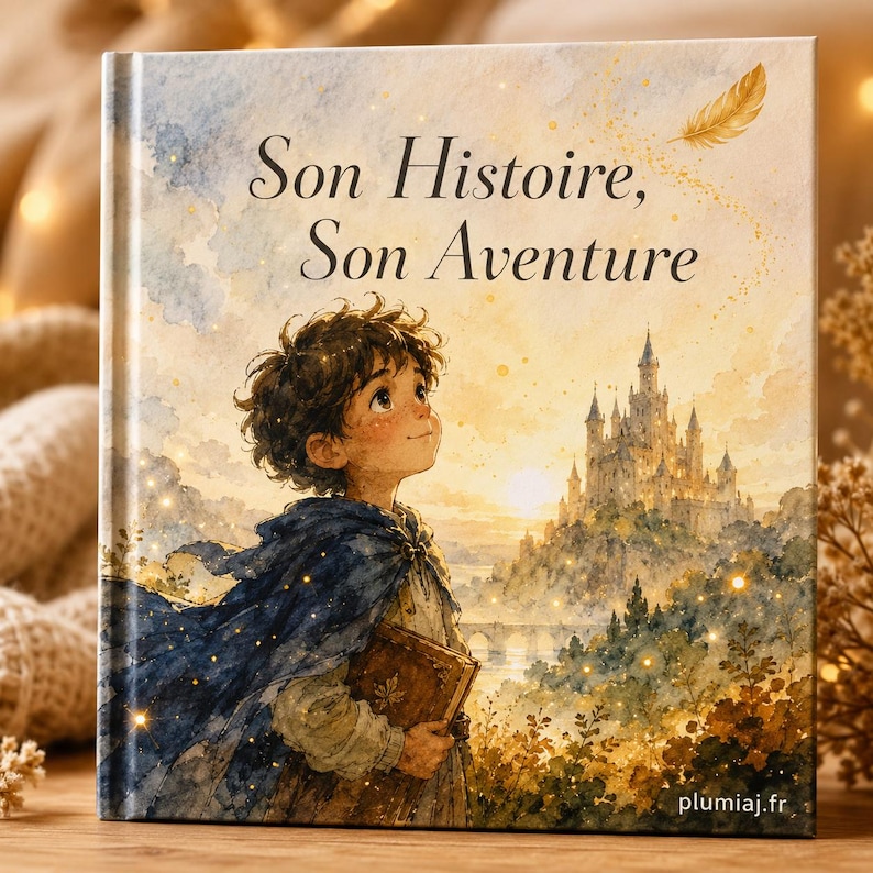 May include: A hardcover book titled Son Histoire, Son Aventure featuring a watercolor illustration of a child in a blue cloak holding a book, looking toward a distant castle at sunset with a golden feather floating in the sky above.