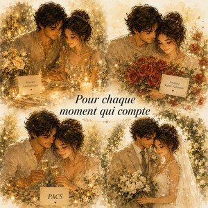 May include: A romantic watercolor illustration featuring four scenes of a couple in love. The scenes include a candlelit dinner, holding roses, toasting with champagne, and a wedding. Text includes "Pour chaque moment qui compte", "Joyeux Anniversaire", "Joyeuse Saint-Valentin", and "PACS".