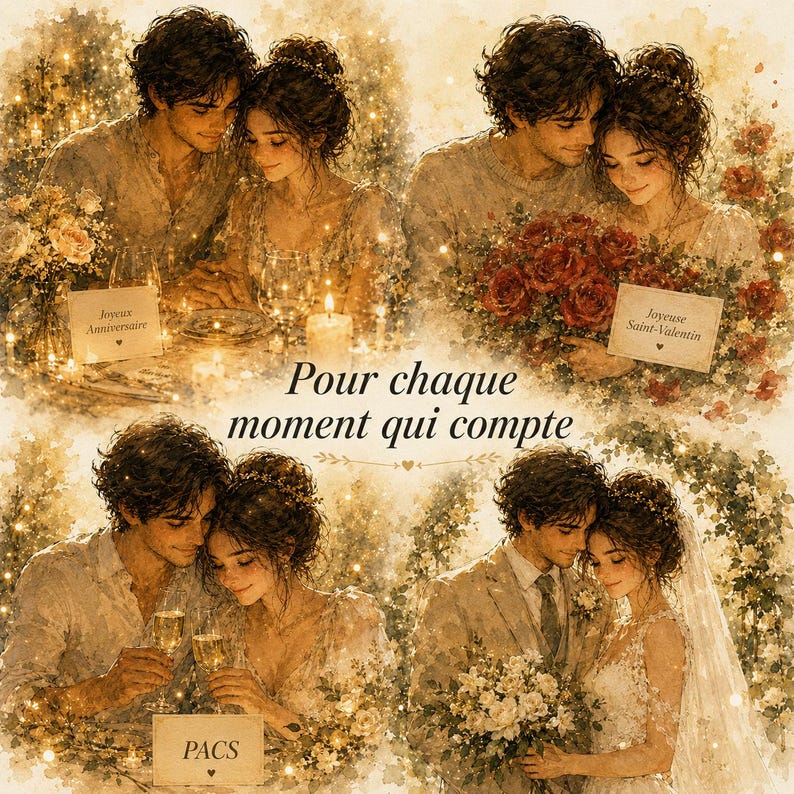May include: A romantic watercolor illustration featuring four scenes of a couple in love. The scenes include a candlelit dinner, holding roses, toasting with champagne, and a wedding. Text includes "Pour chaque moment qui compte", "Joyeux Anniversaire", "Joyeuse Saint-Valentin", and "PACS".
