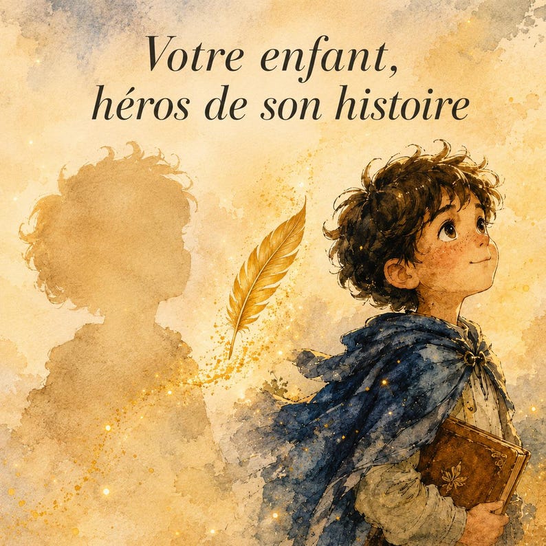 May include: A watercolor illustration of a child with dark curly hair wearing a blue cloak and holding a brown book. A golden feather floats nearby, and a faint shadow of the child appears. The text reads: Votre enfant, h&eacute;ros de son histoire.