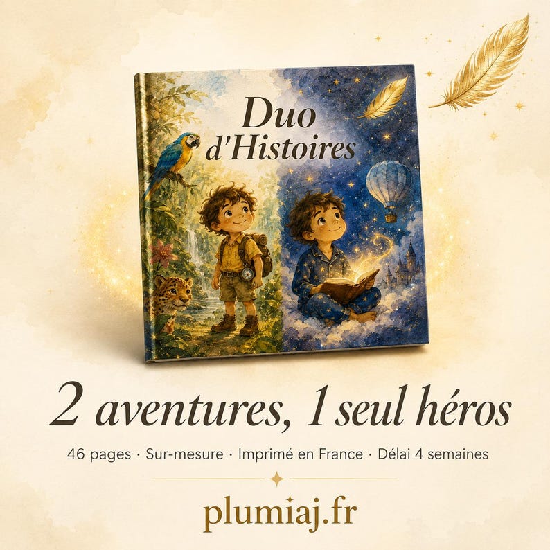 May include: A square hardcover book titled Duo d'Histoires featuring a split illustration of a child in a jungle and a child reading in the clouds. Below the book, the text reads 2 aventures, 1 seul h&eacute;ros, 46 pages, Sur-mesure, Imprim&eacute; en France, D&eacute;lai 4 semaines, and plumiaj.fr.