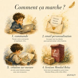 May include: An instructional infographic titled Comment &ccedil;a marche? featuring four watercolor illustrations: a child using a laptop, an envelope with text, a child drawing a castle, and a Mondial Relay parcel locker with a package.