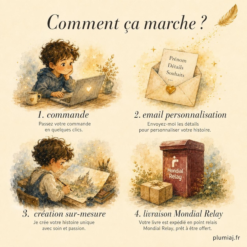 May include: An instructional infographic titled Comment &ccedil;a marche? featuring four watercolor illustrations: a child using a laptop, an envelope with text, a child drawing a castle, and a Mondial Relay parcel locker with a package.