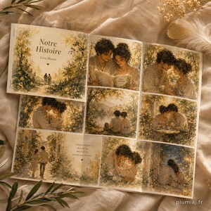 May include: An open book with watercolor illustrations. The cover reads "Notre Histoire - Livre Illustr&eacute;." Inside, panels depict romantic scenes of a couple in a natural setting. The color palette is soft, with warm tones of beige, brown, and green.