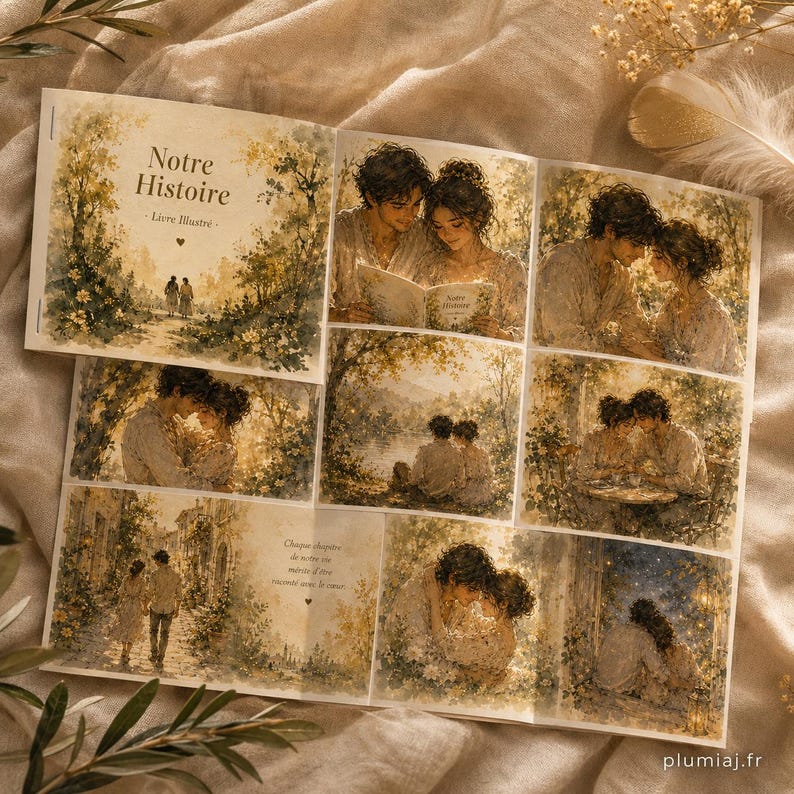 May include: An open book with watercolor illustrations. The cover reads "Notre Histoire - Livre Illustr&eacute;." Inside, panels depict romantic scenes of a couple in a natural setting. The color palette is soft, with warm tones of beige, brown, and green.