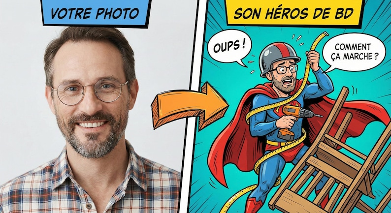 May include: A split image shows a man and a comic book illustration. The left side features a smiling man with glasses. The right side depicts a superhero with a drill, cape, and measuring tape, with speech bubbles saying "Oops!" and "How does it work?"