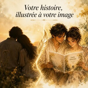 May include: An artistic illustration depicts a couple reading a book titled "Notre Histoire" with a couple in the background. The image has a warm, golden color palette, with the text "Votre histoire, illustr&eacute;e &agrave; votre image" at the top.