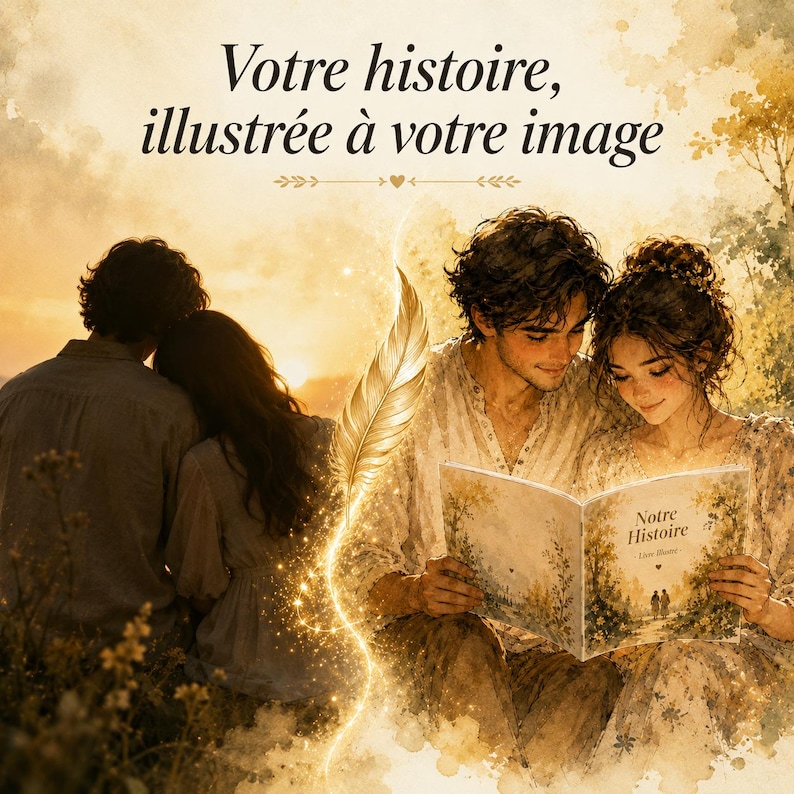 May include: An artistic illustration depicts a couple reading a book titled "Notre Histoire" with a couple in the background. The image has a warm, golden color palette, with the text "Votre histoire, illustr&eacute;e &agrave; votre image" at the top.