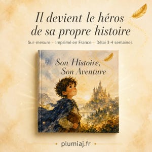 May include: A square hardcover book titled Son Histoire, Son Aventure featuring a watercolor illustration of a child in a blue cloak looking toward a distant castle. Above the book, the text reads Il devient le h&eacute;ros de sa propre histoire.