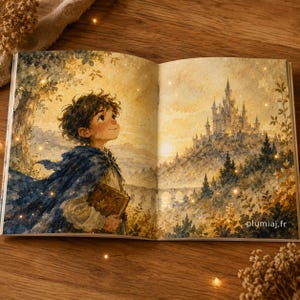 May include: An open book featuring a watercolor illustration of a person with dark curly hair wearing a blue cloak and holding a book, looking toward a large castle on a hill. The text plumiaj.fr is printed in the bottom right corner.