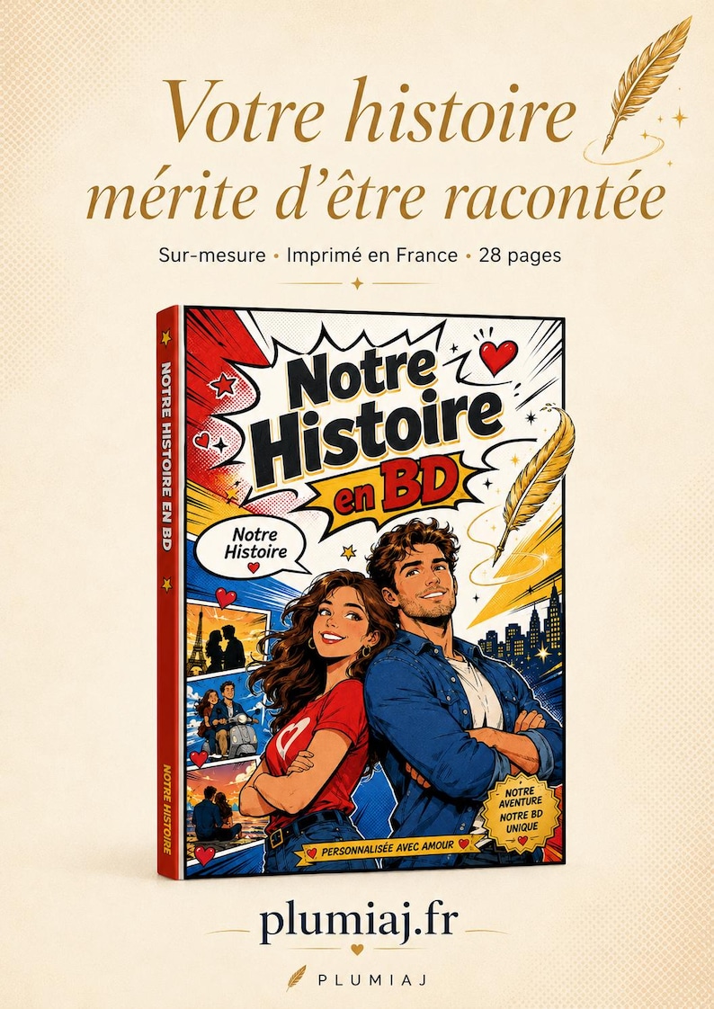 Peut inclure: Couverture de bande dessin&eacute;e "Notre Histoire en BD" avec un couple, une ville et le texte "Votre histoire m&eacute;rite d'&ecirc;tre racont&eacute;e". La couverture est rouge, blanche et bleue avec une illustration de plume dor&eacute;e.
