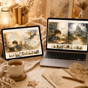 May include: A tablet and a laptop displaying digital storybook pages with watercolor illustrations of a child, a dragon, and a castle. The screens show French text, including phrases like 'Le plus grand r&ecirc;ve' and 'Voici l'histoire de L&eacute;o'.