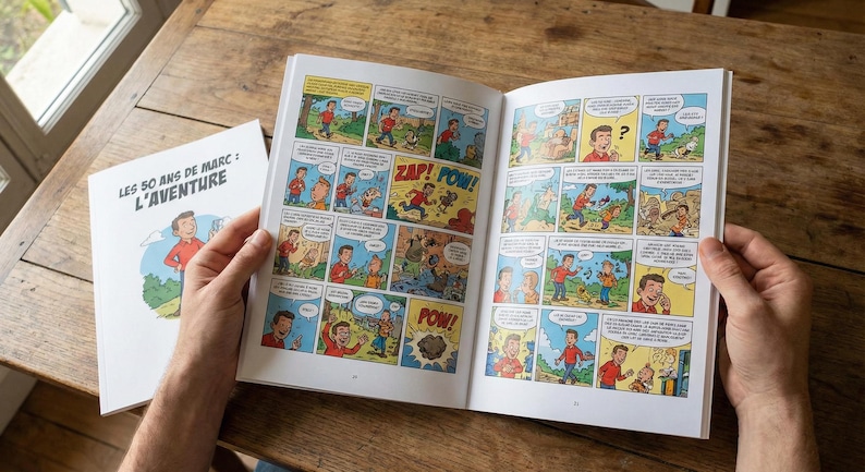 May include: An open comic book with colorful panels featuring a cartoon character in various scenes. The cover of the book, titled "LES 50 ANS DE MARC: L'AVENTURE", is visible next to it. The book is on a wooden surface.