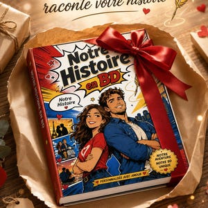 Peut inclure: Une bande dessin&eacute;e intitul&eacute;e "Notre Histoire en BD" avec une couverture rouge, repr&eacute;sentant un couple et le texte "Le cadeau qui raconte votre histoire". Le livre est envelopp&eacute; dans du papier brun et nou&eacute; avec un ruban rouge. Des c&oelig;urs et une plume sont dispers&eacute;s.