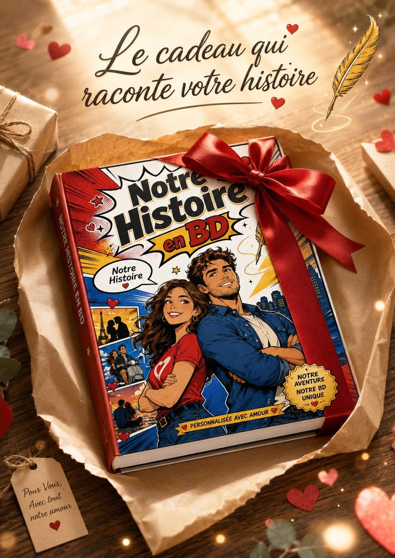 Peut inclure: Une bande dessin&eacute;e intitul&eacute;e "Notre Histoire en BD" avec une couverture rouge, repr&eacute;sentant un couple et le texte "Le cadeau qui raconte votre histoire". Le livre est envelopp&eacute; dans du papier brun et nou&eacute; avec un ruban rouge. Des c&oelig;urs et une plume sont dispers&eacute;s.