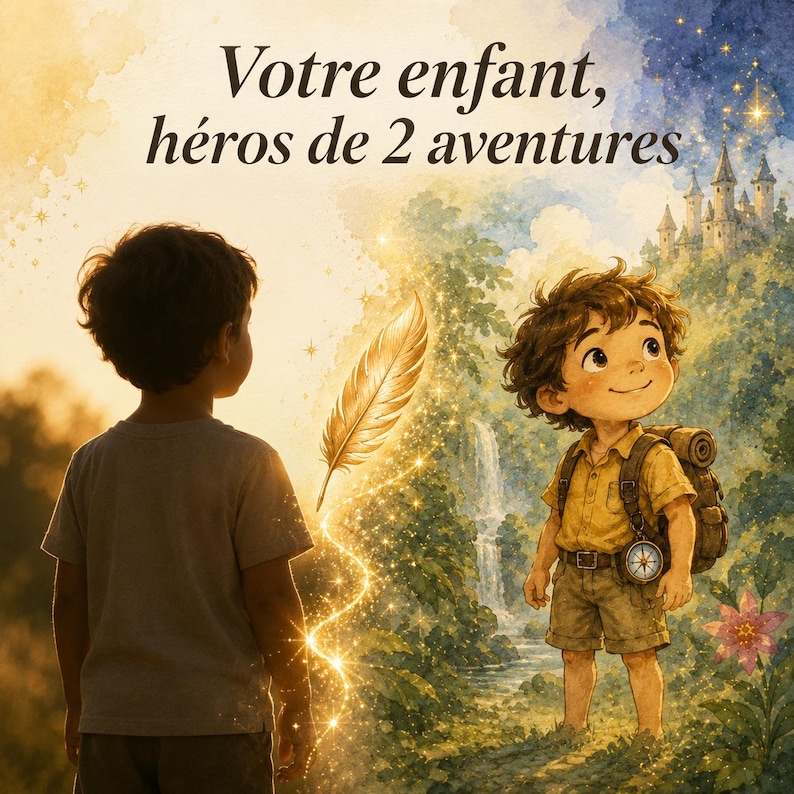 May include: A digital illustration featuring a child seen from behind, looking toward a glowing golden feather and a cartoon-style explorer character in a forest setting with a castle in the distance. The text reads: Votre enfant, h&eacute;ros de 2 aventures.