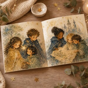 May include: An open illustrated book featuring watercolor-style artwork of children in capes. The left page shows children with a glowing star wand, while the right page depicts children examining a map before a castle. The text plumiaj.fr is visible.