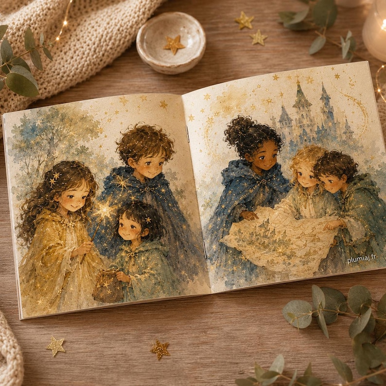 May include: An open illustrated book featuring watercolor-style artwork of children in capes. The left page shows children with a glowing star wand, while the right page depicts children examining a map before a castle. The text plumiaj.fr is visible.
