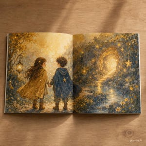 May include: An open book featuring a watercolor illustration of two children holding hands in a forest. One child wears a yellow cape, the other a blue cape with a star. The scene includes a glowing cave entrance, hanging lanterns, and fireflies.