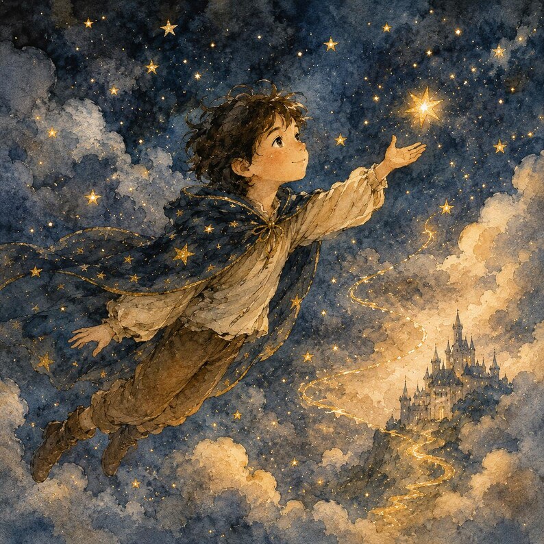 May include: A watercolor illustration of a person with dark hair wearing a white shirt and a dark blue cape adorned with gold stars, flying through a night sky filled with glowing stars above a castle nestled in golden clouds and light.