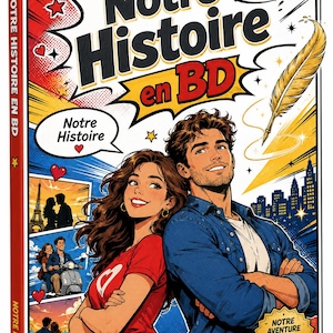 May include: Comic book cover titled "Notre Histoire en BD" featuring a couple, illustrations of the Eiffel Tower and a cityscape. The cover has a red spine with text and a yellow feather illustration.