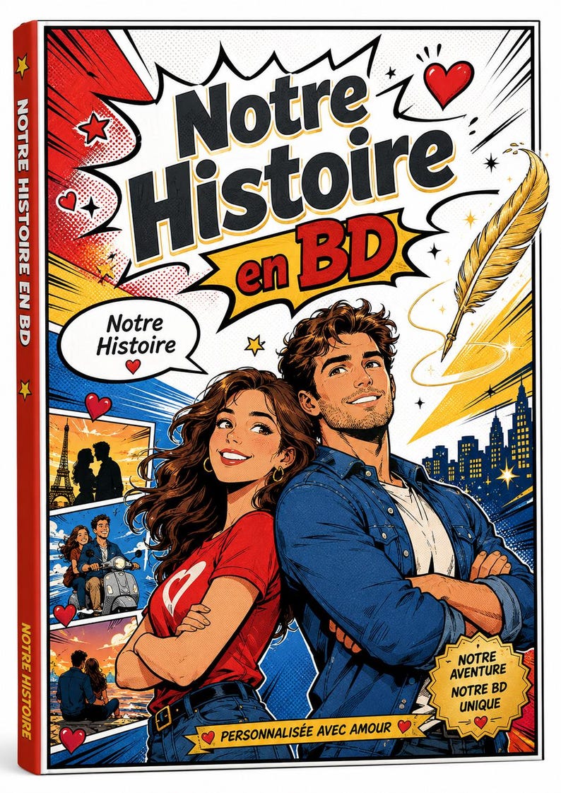 Peut inclure: Couverture de bande dessin&eacute;e intitul&eacute;e "Notre Histoire en BD" avec un couple, des illustrations de la Tour Eiffel et d'un paysage urbain. La couverture a une tranche rouge avec du texte et une illustration de plume jaune.