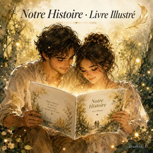May include: An illustrated book titled "Notre Histoire" is held open by a couple. The book's pages glow with light, and the cover features a forest scene. The image has a soft, romantic aesthetic with a warm color palette.