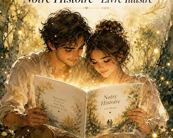 May include: An illustrated book titled "Notre Histoire" is held open by a couple. The book's pages glow with light, and the cover features a forest scene. The image has a soft, romantic aesthetic with a warm color palette.