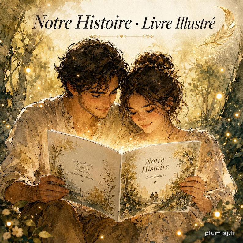 May include: An illustrated book titled "Notre Histoire" is held open by a couple. The book's pages glow with light, and the cover features a forest scene. The image has a soft, romantic aesthetic with a warm color palette.