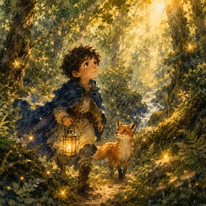 May include: A digital illustration of a person with curly dark hair wearing a blue cloak and light-colored tunic, holding a glowing metal lantern. A small orange fox stands beside them on a forest path near a stream, surrounded by golden light.
