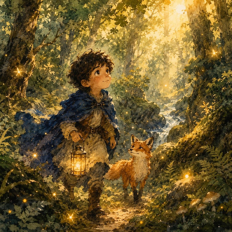 May include: A digital illustration of a person with curly dark hair wearing a blue cloak and light-colored tunic, holding a glowing metal lantern. A small orange fox stands beside them on a forest path near a stream, surrounded by golden light.