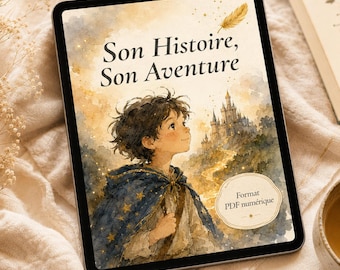 May include: A digital tablet displaying a watercolor illustration of a child with dark hair wearing a blue star-patterned cloak, looking toward a distant castle. The text reads Son Histoire, Son Aventure and Format PDF numérique.
