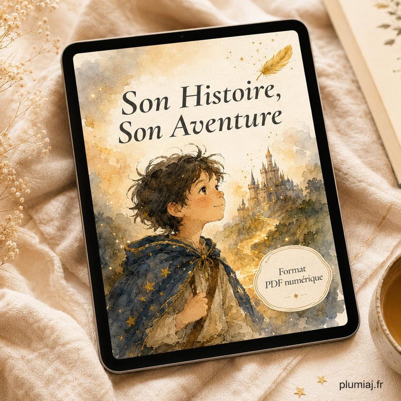 May include: A digital tablet displaying a watercolor illustration of a child with dark hair wearing a blue star-patterned cloak, looking toward a distant castle. The text reads Son Histoire, Son Aventure and Format PDF num&eacute;rique.