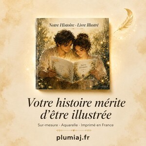 May include: A book titled "Notre Histoire - Livre Illustr&eacute;" featuring an illustration of a couple reading. The cover and inside pages display the title. The image includes the text "Votre histoire m&eacute;rite d'&ecirc;tre illustr&eacute;e" and the website plumiaj.fr.