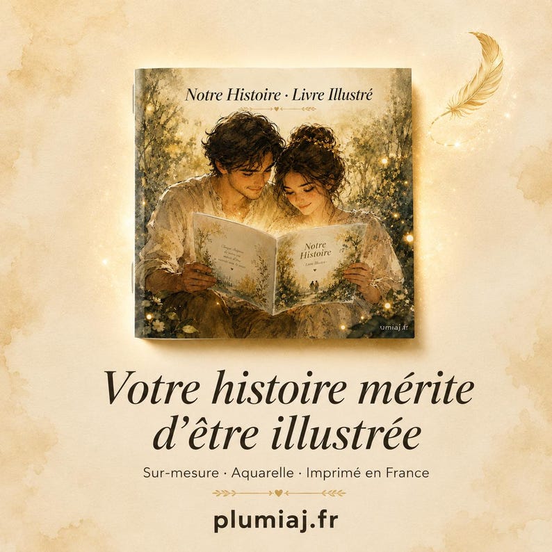 May include: A book titled "Notre Histoire - Livre Illustr&eacute;" featuring an illustration of a couple reading. The cover and inside pages display the title. The image includes the text "Votre histoire m&eacute;rite d'&ecirc;tre illustr&eacute;e" and the website plumiaj.fr.