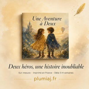 May include: A hardcover book titled Une Aventure &agrave; Deux featuring an illustration of two children in capes standing before a castle. Below the book, the text reads Deux h&eacute;ros, une histoire inoubliable, Sur-mesure, Imprim&eacute; en France, and plumiaj.fr.