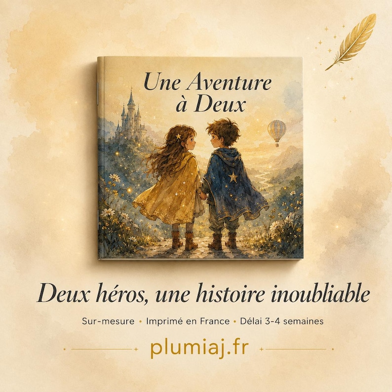 May include: A hardcover book titled Une Aventure &agrave; Deux featuring an illustration of two children in capes standing before a castle. Below the book, the text reads Deux h&eacute;ros, une histoire inoubliable, Sur-mesure, Imprim&eacute; en France, and plumiaj.fr.